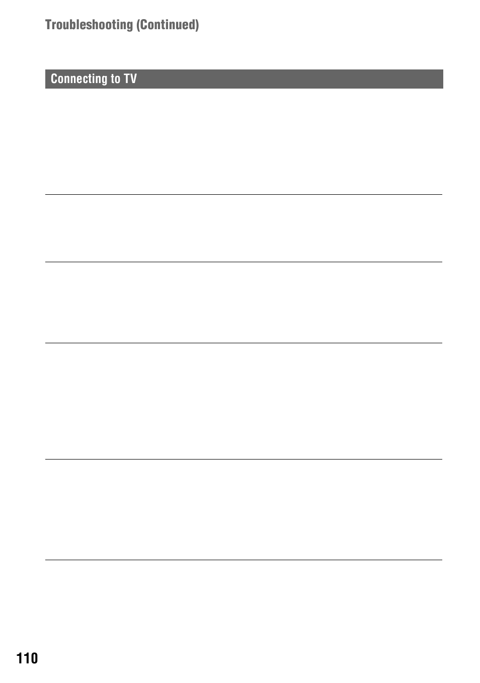 P. 110, Troubleshooting (continued), Connecting to tv | Sony 4-114-858-12(1) User Manual | Page 110 / 143