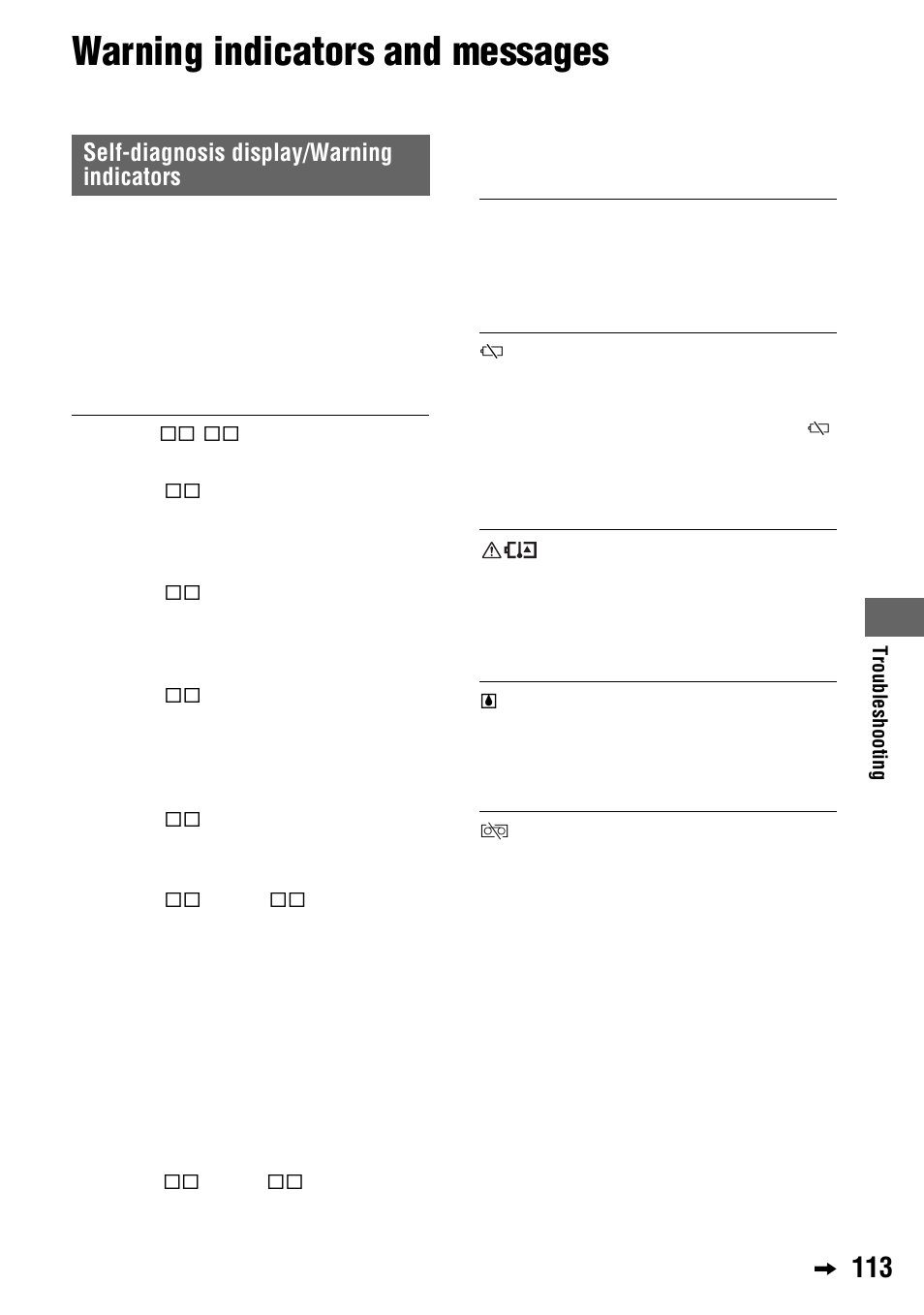 Warning indicators and messages, Self-diagnosis display/warning indicators | Sony 4-114-858-12(1) User Manual | Page 113 / 143