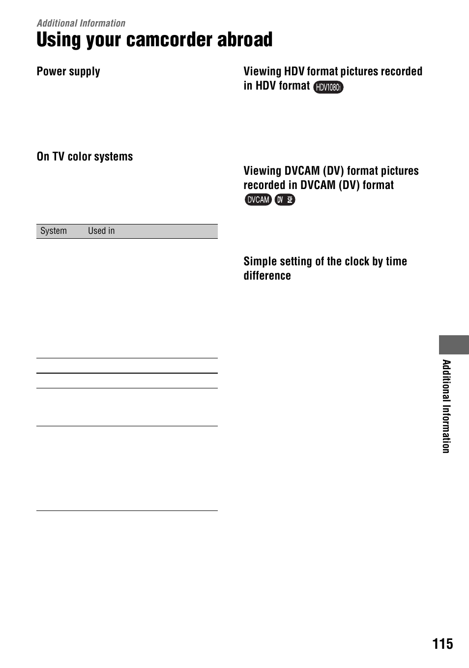 Additional information, Using your camcorder abroad | Sony 4-114-858-12(1) User Manual | Page 115 / 143