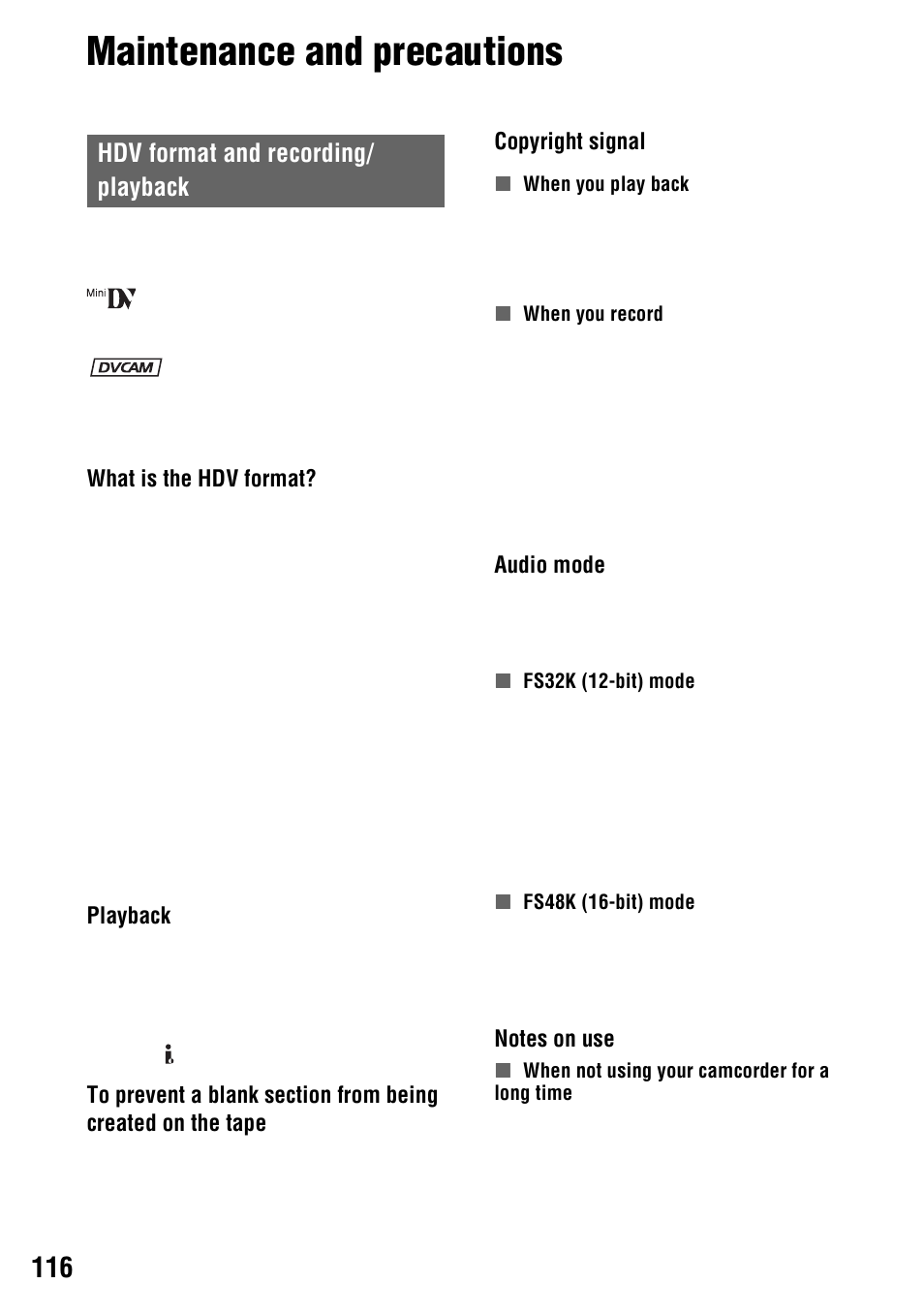 Maintenance and precautions, Hdv format and recording/ playback, Hdv format and recording/playback | E (p. 116, P. 116) | Sony 4-114-858-12(1) User Manual | Page 116 / 143