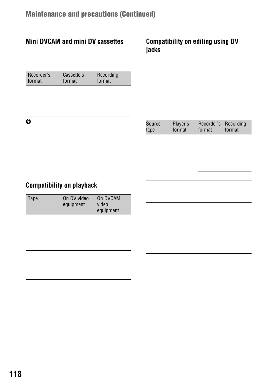 Maintenance and precautions (continued), Mini dvcam and mini dv cassettes | Sony 4-114-858-12(1) User Manual | Page 118 / 143