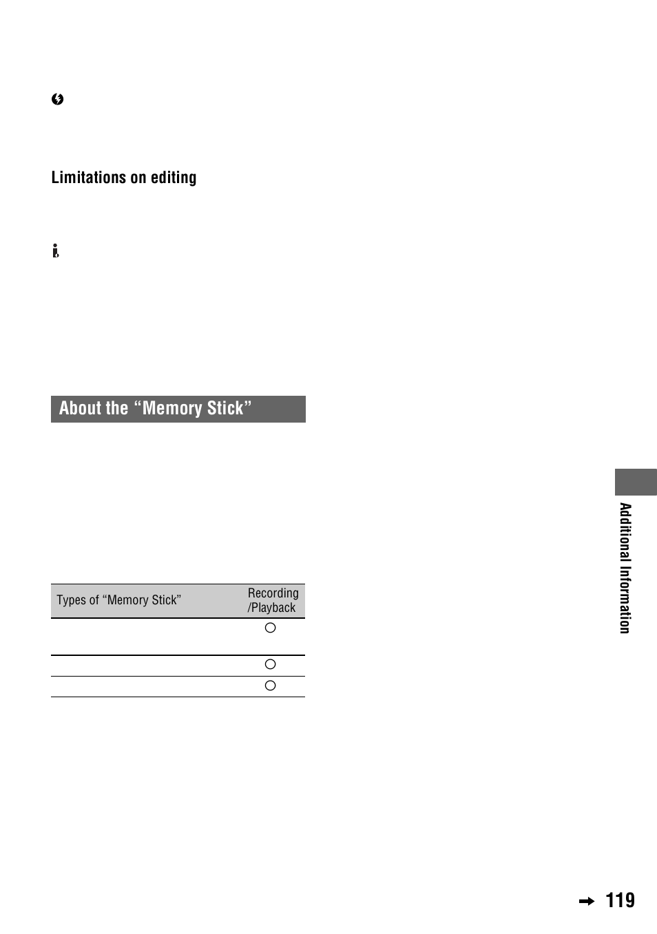 About the “memory stick, And 119, P. 119) | Limitations on editing | Sony 4-114-858-12(1) User Manual | Page 119 / 143