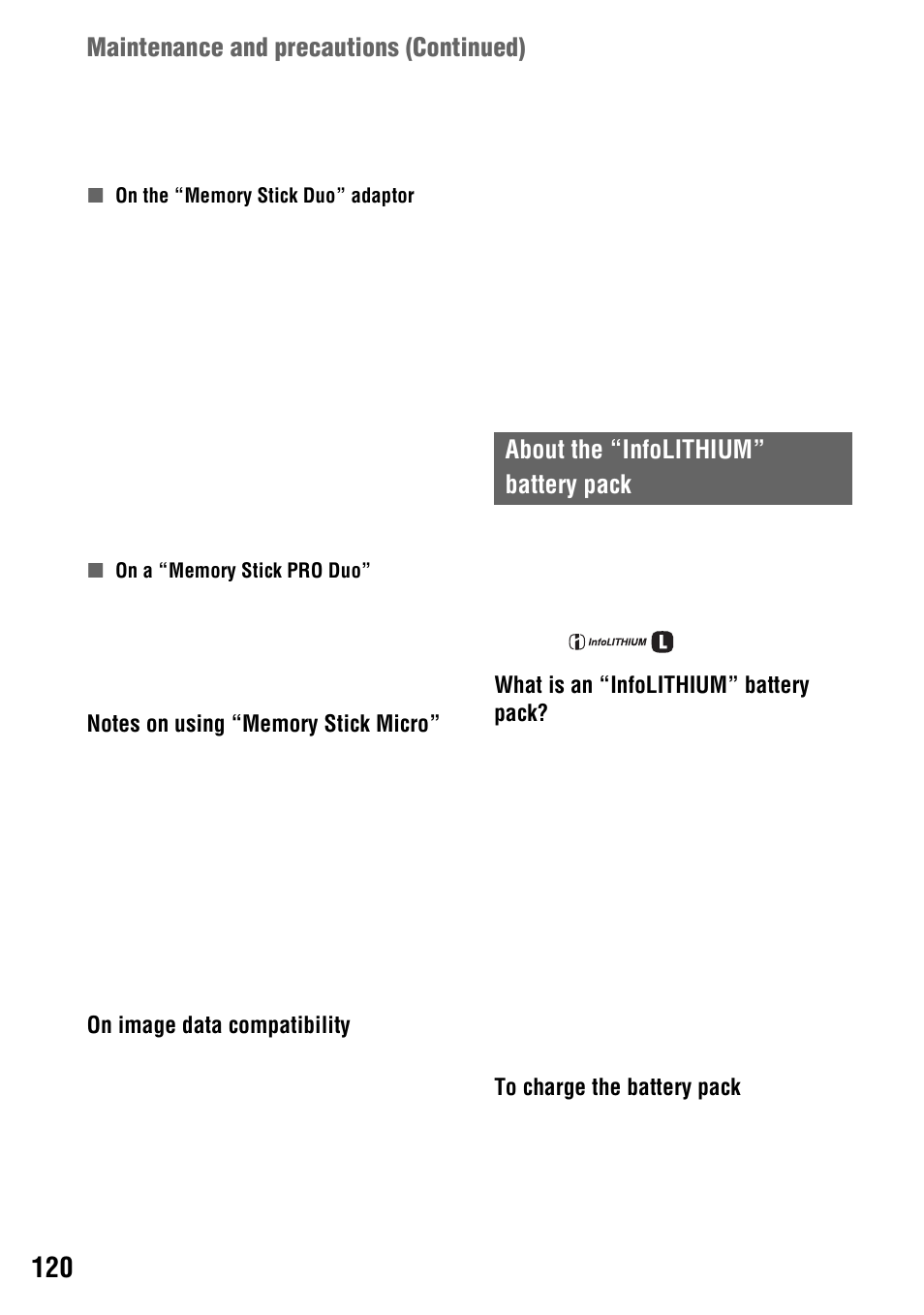 About the “infolithium” battery pack, On (p. 120), P. 120) | On image data compatibility, What is an “infolithium” battery pack | Sony 4-114-858-12(1) User Manual | Page 120 / 143