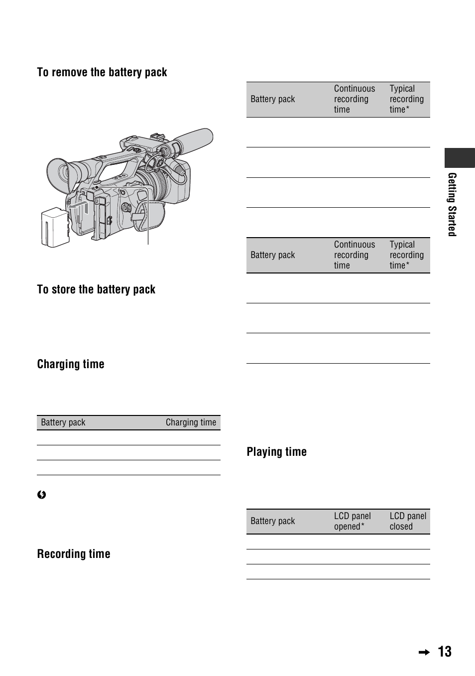 Charging time, Recording time, Playing time | Sony 4-114-858-12(1) User Manual | Page 13 / 143