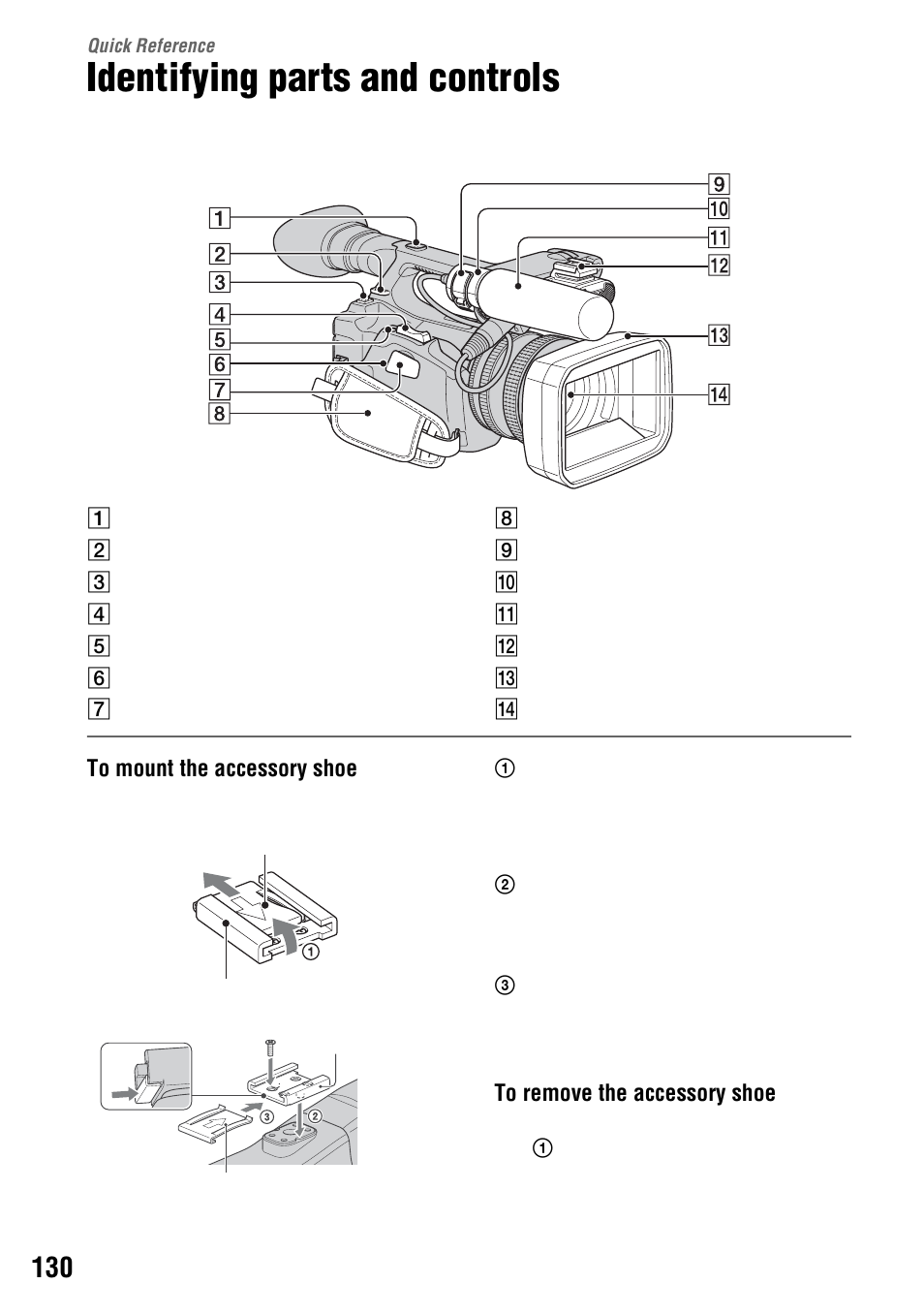 Quick reference, Identifying parts and controls, P. 130) | Sony 4-114-858-12(1) User Manual | Page 130 / 143