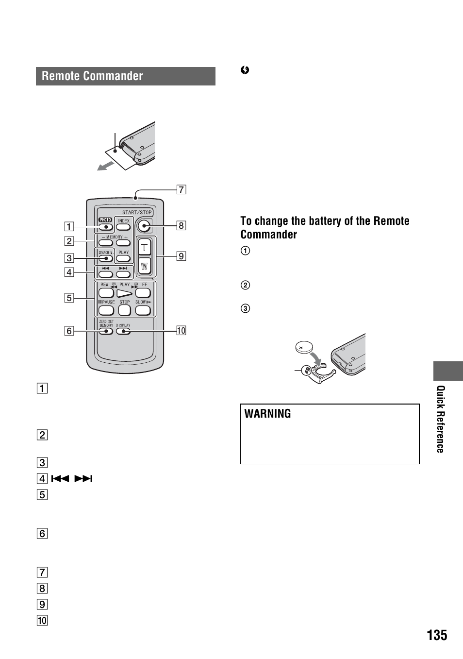 Remote commander, Warning | Sony 4-114-858-12(1) User Manual | Page 135 / 143
