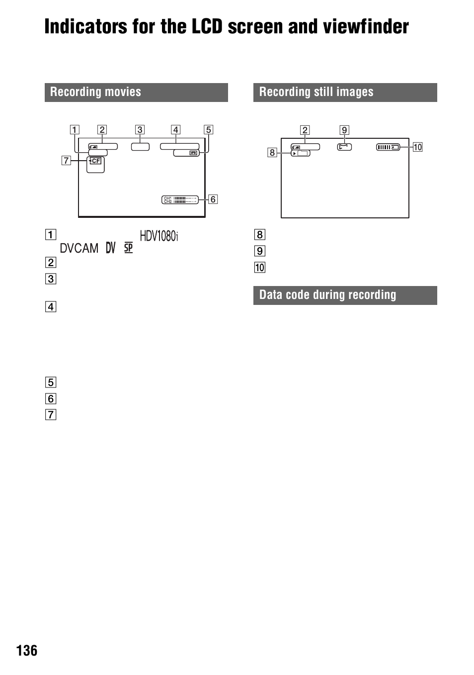 Indicators for the lcd screen and viewfinder, Recording movies, Recording still images data code during recording | Sony 4-114-858-12(1) User Manual | Page 136 / 143