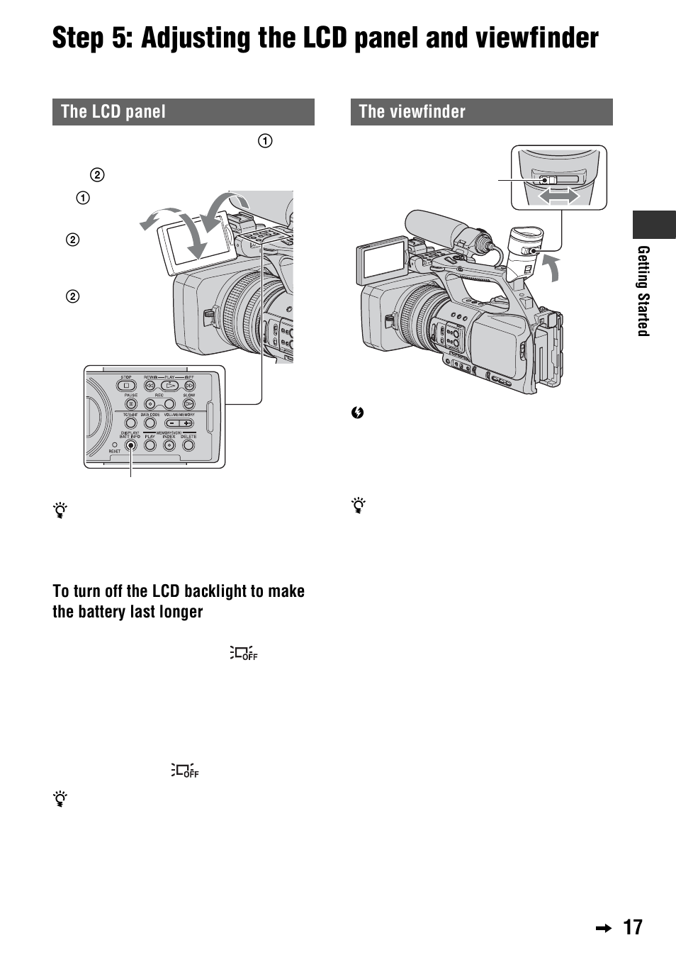 Step 5: adjusting the lcd panel and viewfinder, The lcd panel, The viewfinder | Sony 4-114-858-12(1) User Manual | Page 17 / 143