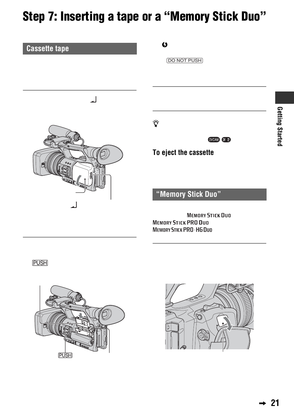 Step 7: inserting a tape or a “memory stick duo | Sony 4-114-858-12(1) User Manual | Page 21 / 143