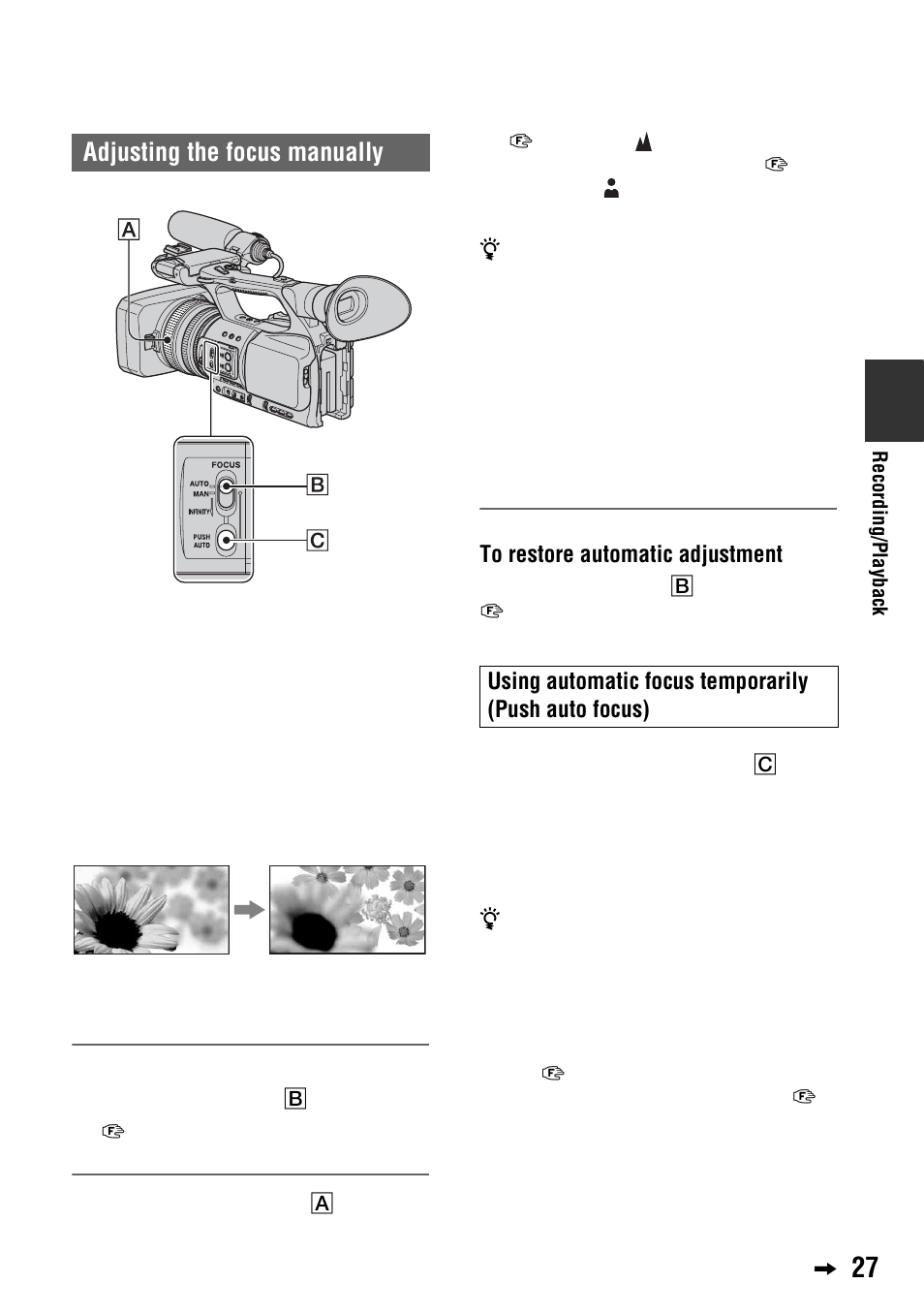 Adjusting the focus manually | Sony 4-114-858-12(1) User Manual | Page 27 / 143