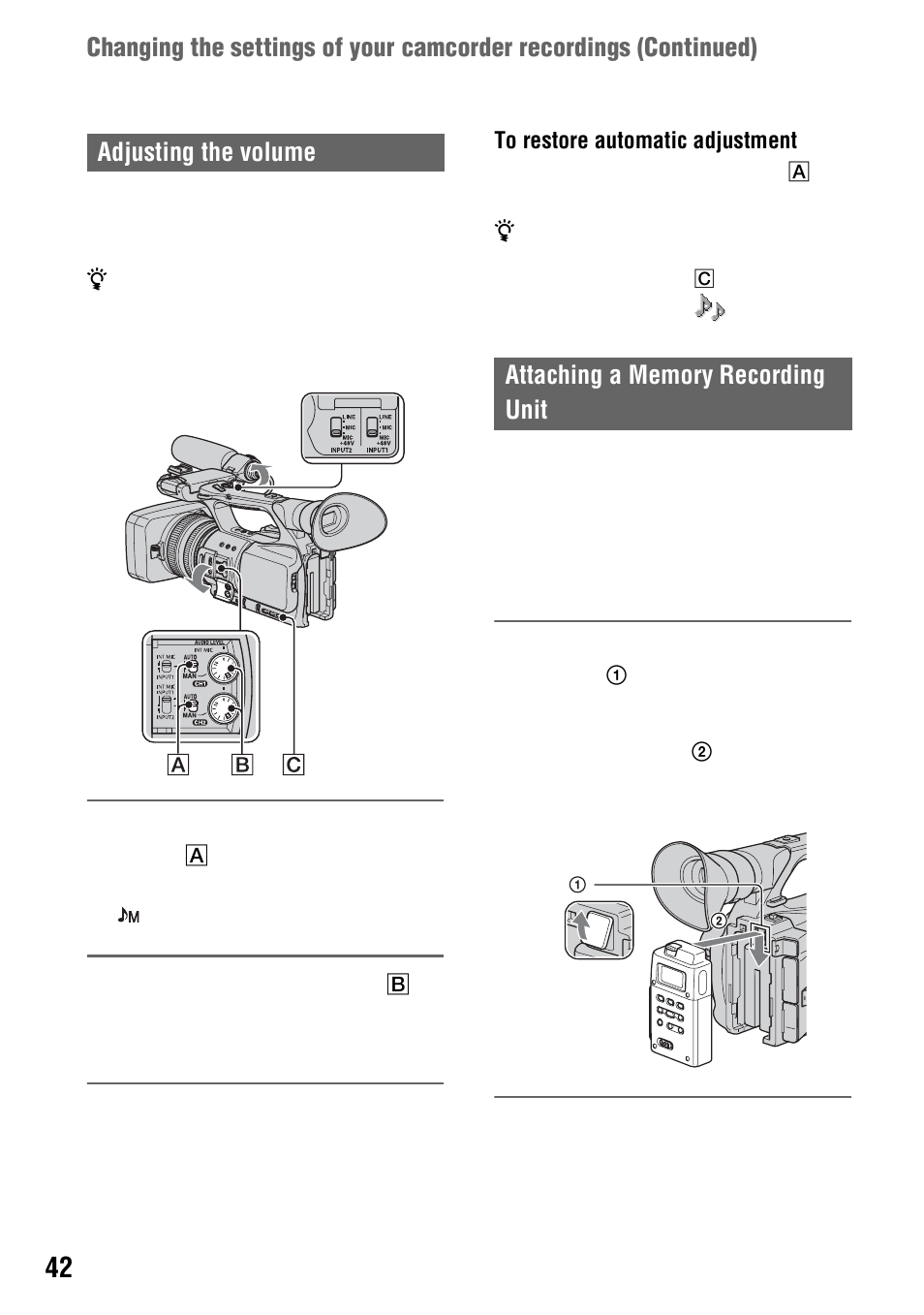 Adjusting the volume, Attaching a memory recording unit | Sony 4-114-858-12(1) User Manual | Page 42 / 143