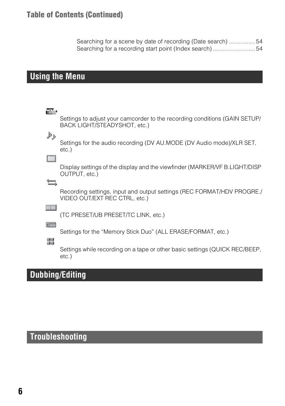 Using the menu dubbing/editing troubleshooting, Using the menu items, Table of contents (continued) | Sony 4-114-858-12(1) User Manual | Page 6 / 143