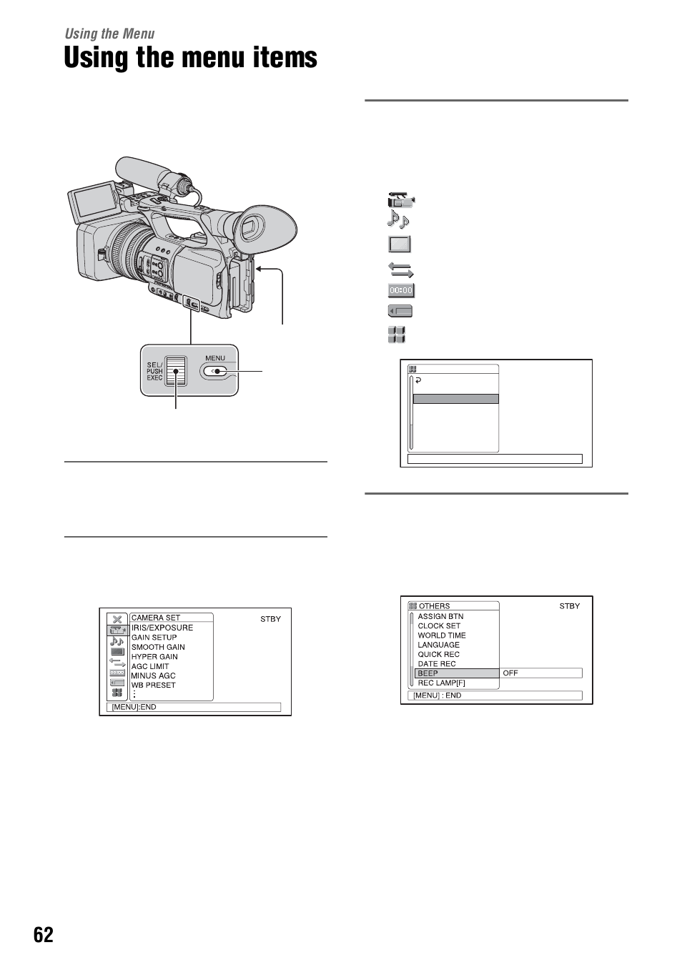 Using the menu, Using the menu items | Sony 4-114-858-12(1) User Manual | Page 62 / 143