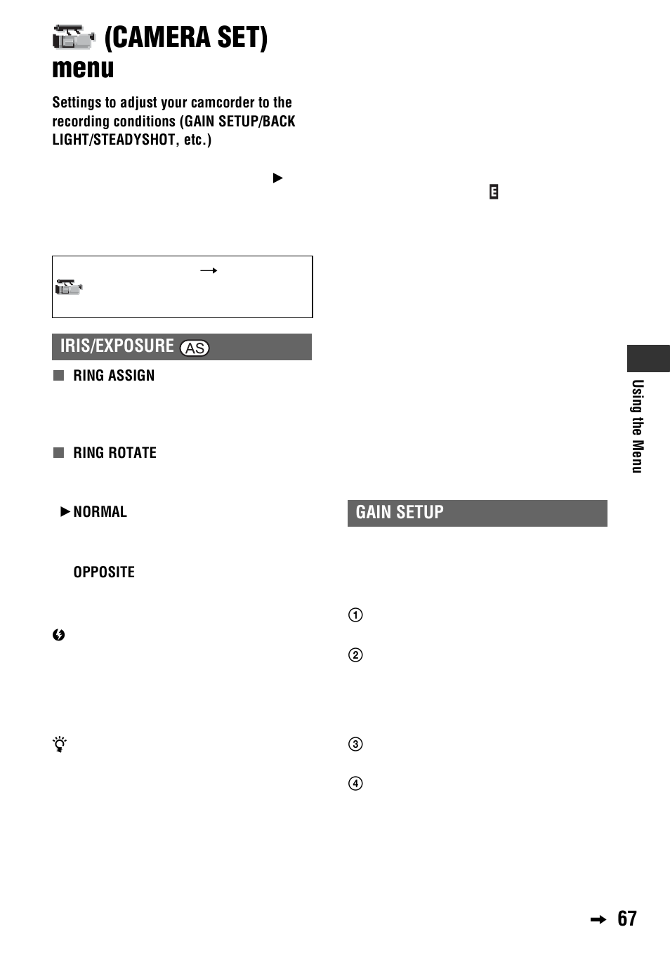 Camera set) menu, P. 67), T (p. 67) | Iris/exposure, Gain setup | Sony 4-114-858-12(1) User Manual | Page 67 / 143