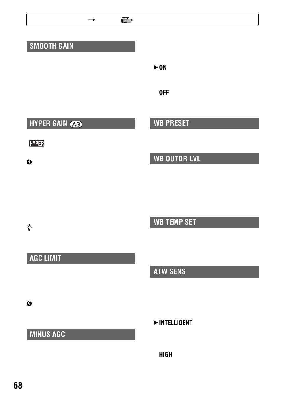 P. 68), Smooth gain, Agc limit | Minus agc, Wb preset, Wb outdr lvl, Wb temp set, Atw sens | Sony 4-114-858-12(1) User Manual | Page 68 / 143