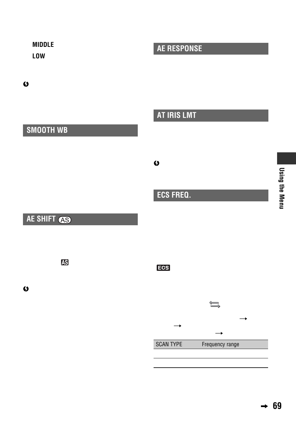 Smooth wb, Ae response, At iris lmt | Ecs freq | Sony 4-114-858-12(1) User Manual | Page 69 / 143