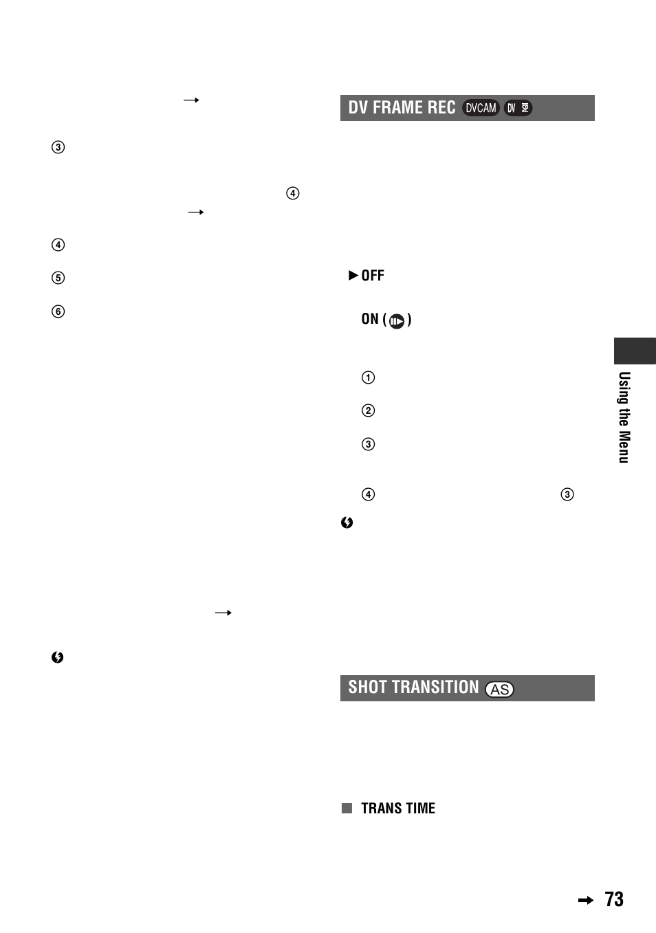 P. 73), Shot transition, Dv frame rec shot transition | Sony 4-114-858-12(1) User Manual | Page 73 / 143