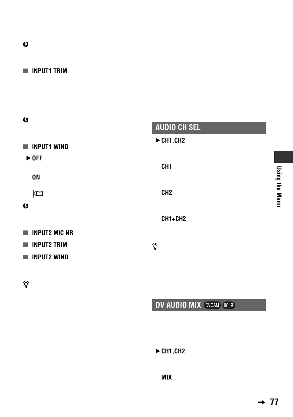 Audio ch sel, Audio ch sel dv audio mix | Sony 4-114-858-12(1) User Manual | Page 77 / 143