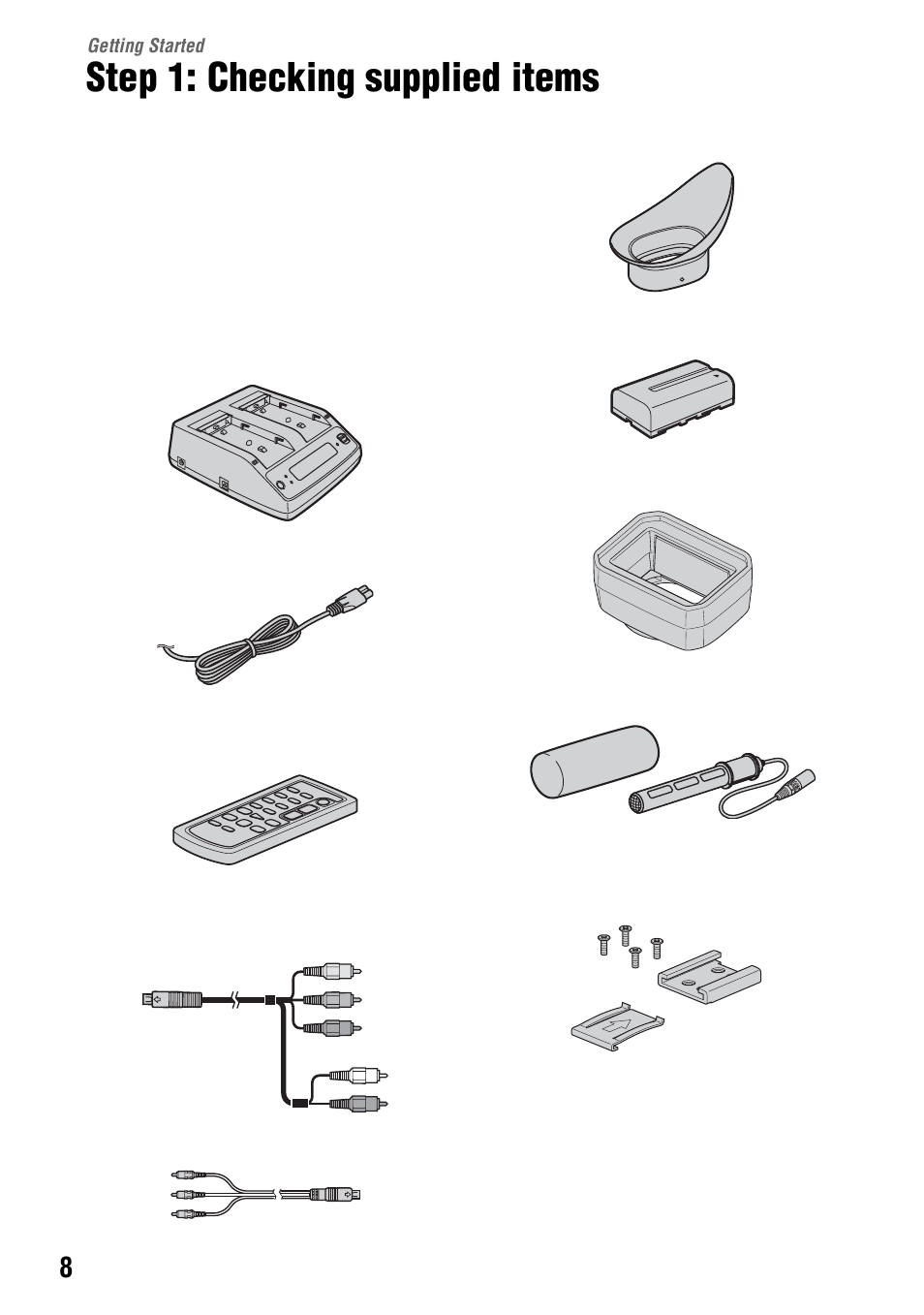 Getting started, Step 1: checking supplied items | Sony 4-114-858-12(1) User Manual | Page 8 / 143