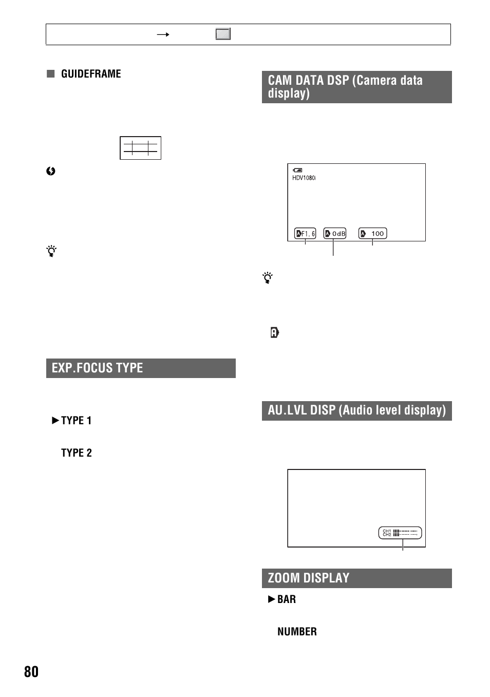 P. 80, Exp.focus type, Zoom display | Sony 4-114-858-12(1) User Manual | Page 80 / 143