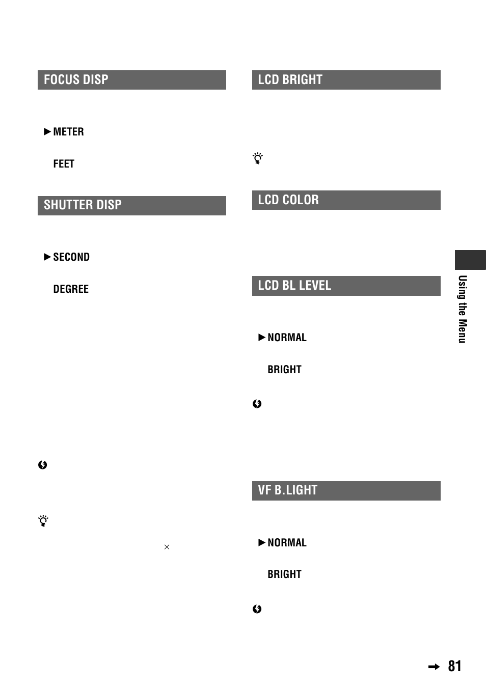 P. 81), Focus disp, Shutter disp | Lcd color, Lcd bl level, Vf b.light | Sony 4-114-858-12(1) User Manual | Page 81 / 143