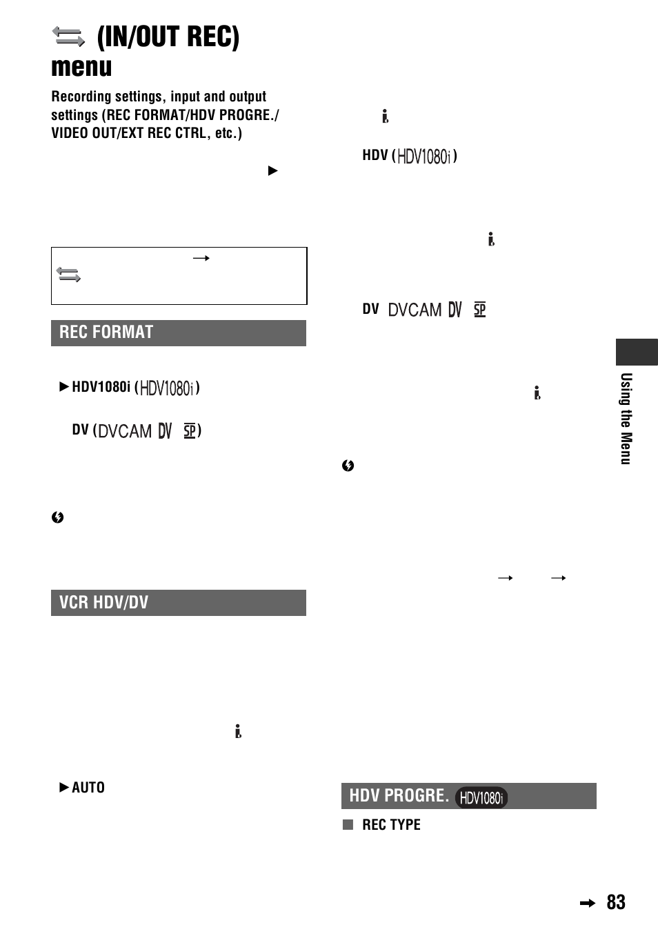 In/out rec) menu, P. 83), Auto] (83) | C (p. 83), Rec format, Hdv progre, Rec format vcr hdv/dv | Sony 4-114-858-12(1) User Manual | Page 83 / 143