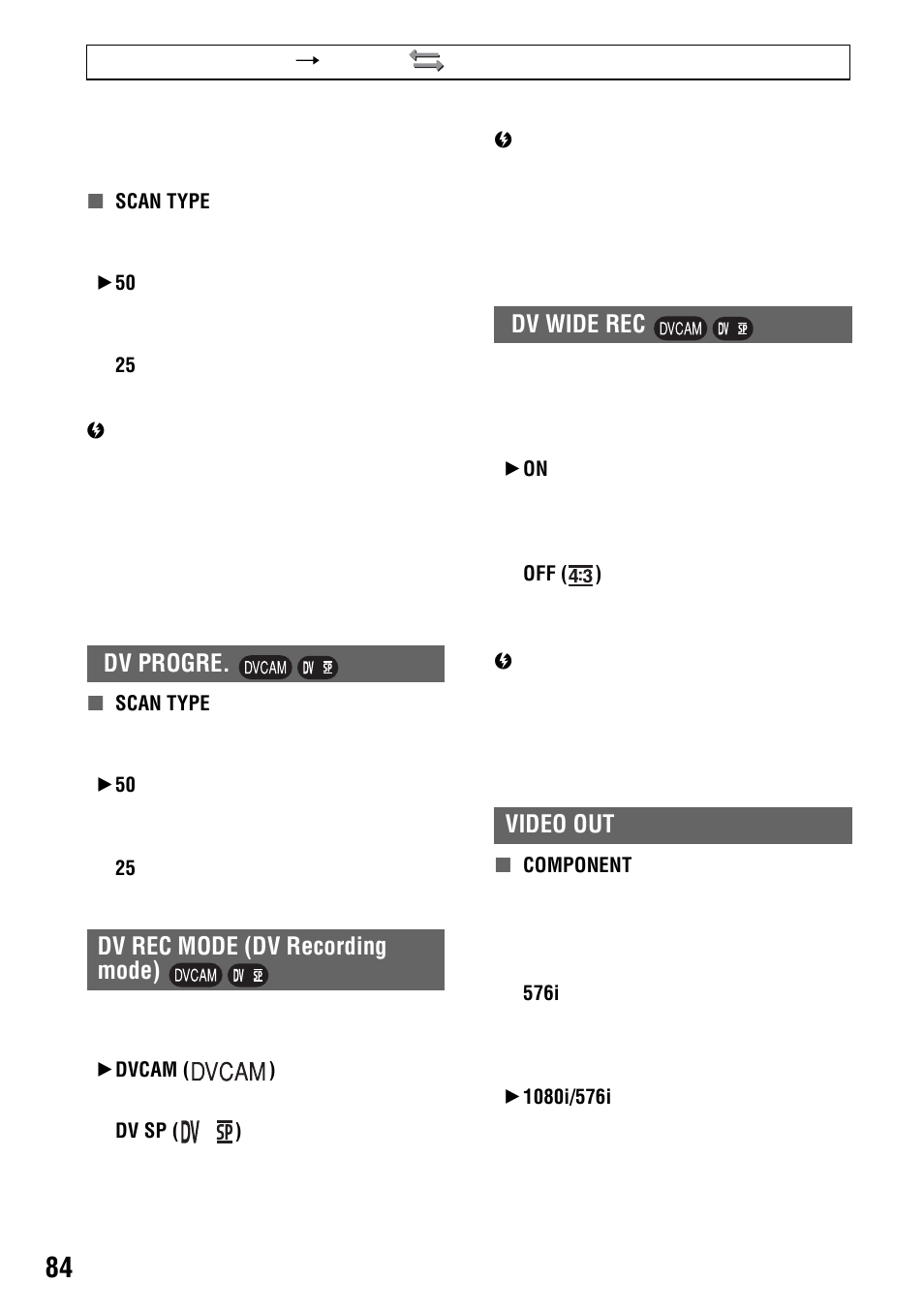 P. 84), Dv wide rec, Video out | Sony 4-114-858-12(1) User Manual | Page 84 / 143