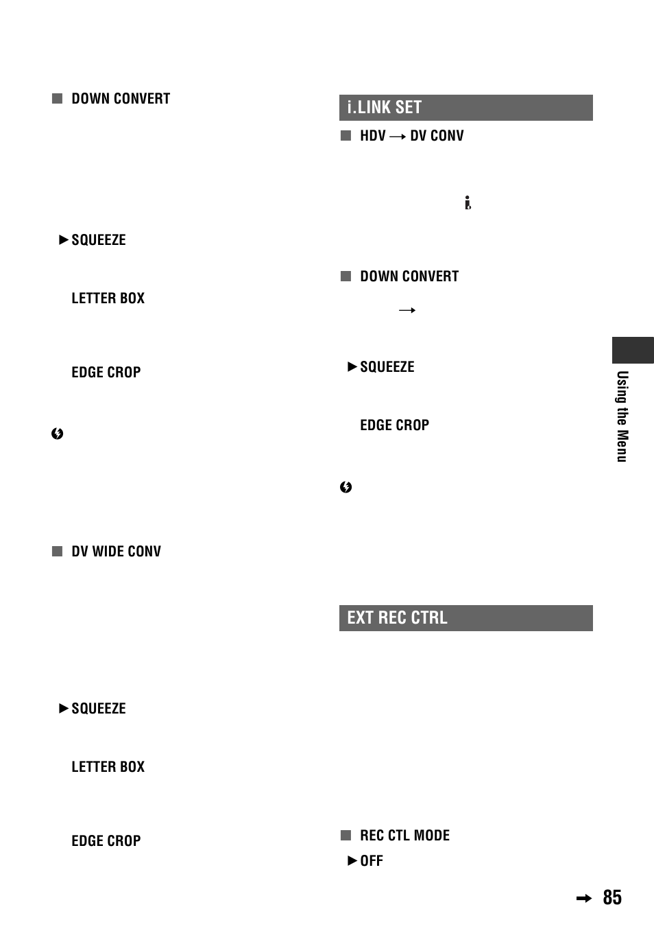 I.link set, P. 85), I.link set ext rec ctrl | Sony 4-114-858-12(1) User Manual | Page 85 / 143