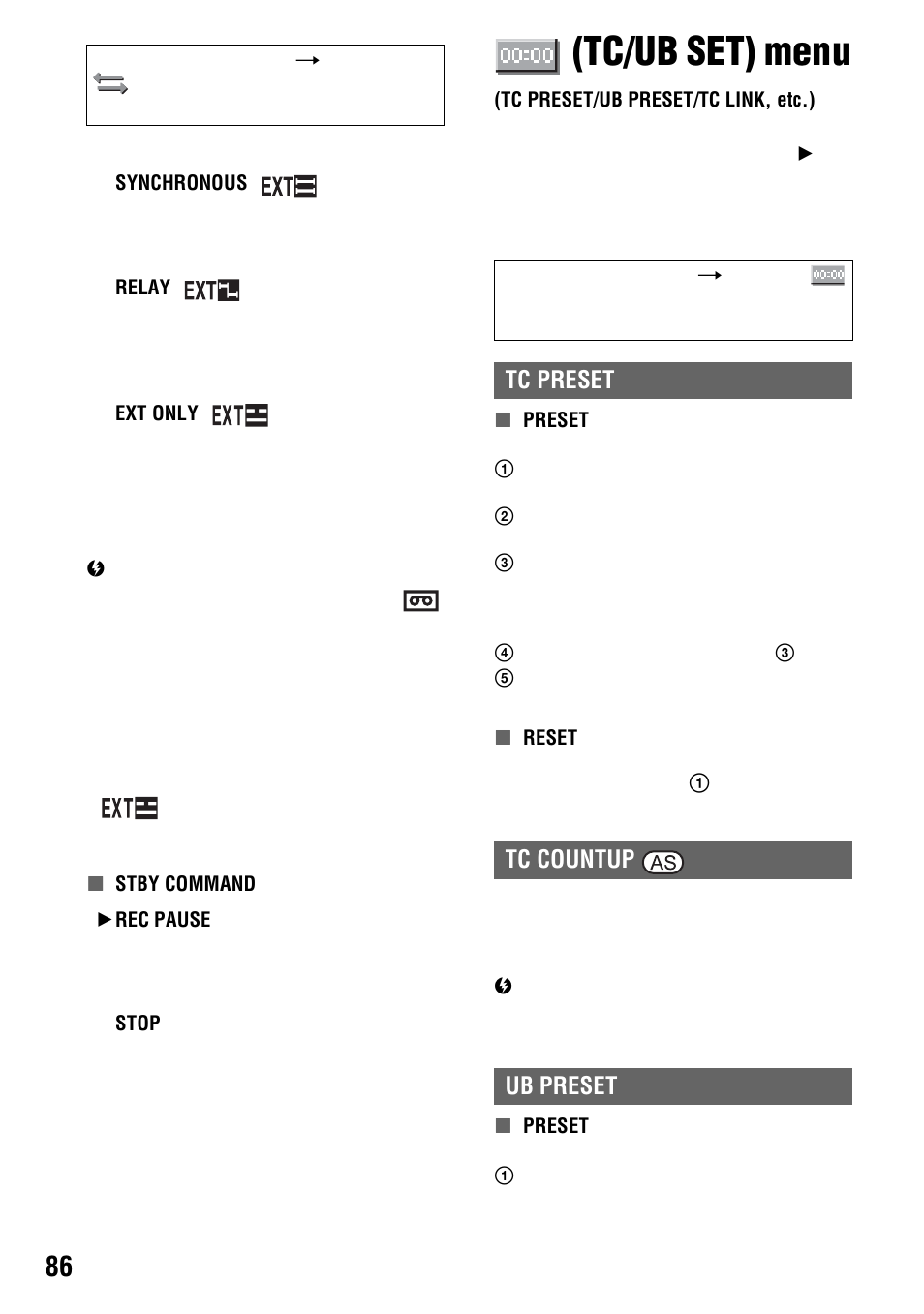 Tc/ub set) menu, Tc preset/ub preset/tc link, etc.), Et (p. 86) | P. 86), Tc preset, Ub preset, Tc preset tc countup ub preset | Sony 4-114-858-12(1) User Manual | Page 86 / 143