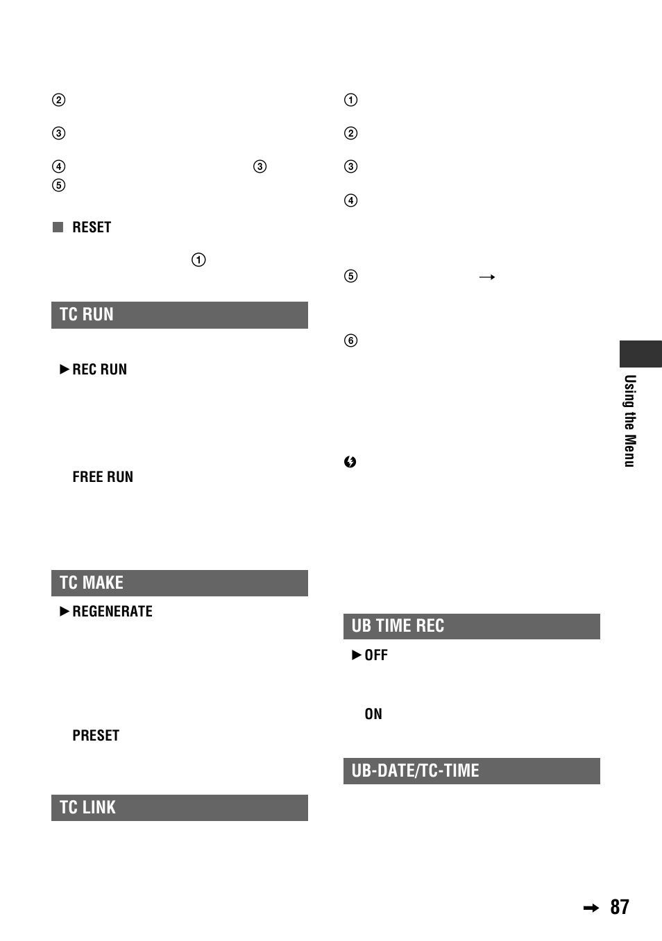 Tc run, Tc make, Tc link | Ub time rec, Ub-date/tc-time, Tc run tc make tc link ub time rec ub-date/tc-time | Sony 4-114-858-12(1) User Manual | Page 87 / 143