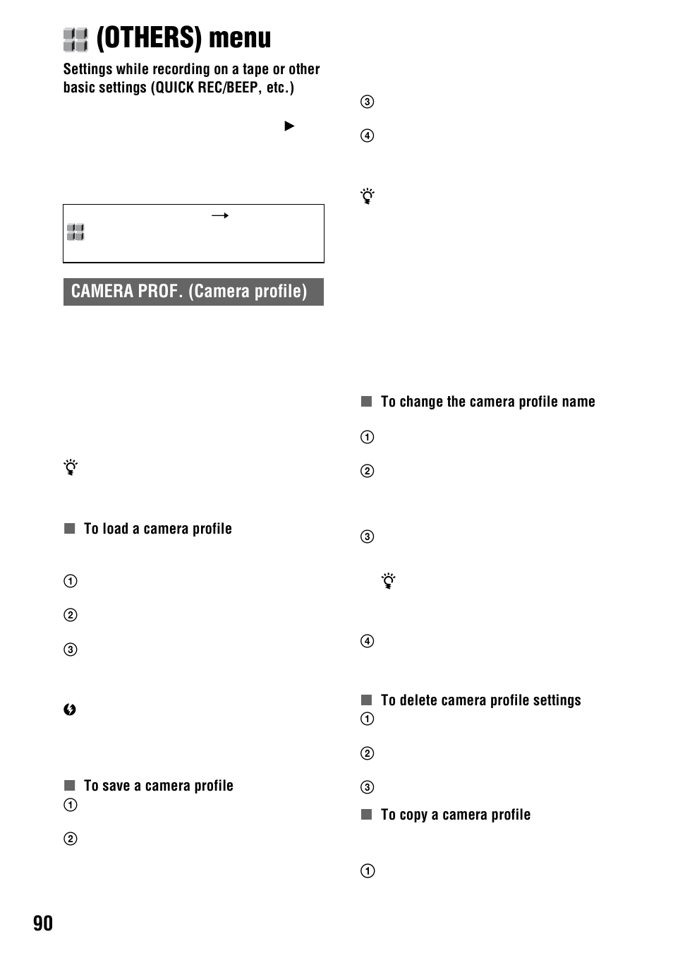 Others) menu, P. 90), Nu (p. 90) | Camera prof. (camera profile) | Sony 4-114-858-12(1) User Manual | Page 90 / 143