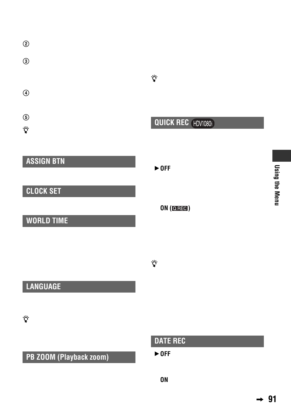 P. 91), Assign btn, Clock set | World time, Date rec | Sony 4-114-858-12(1) User Manual | Page 91 / 143