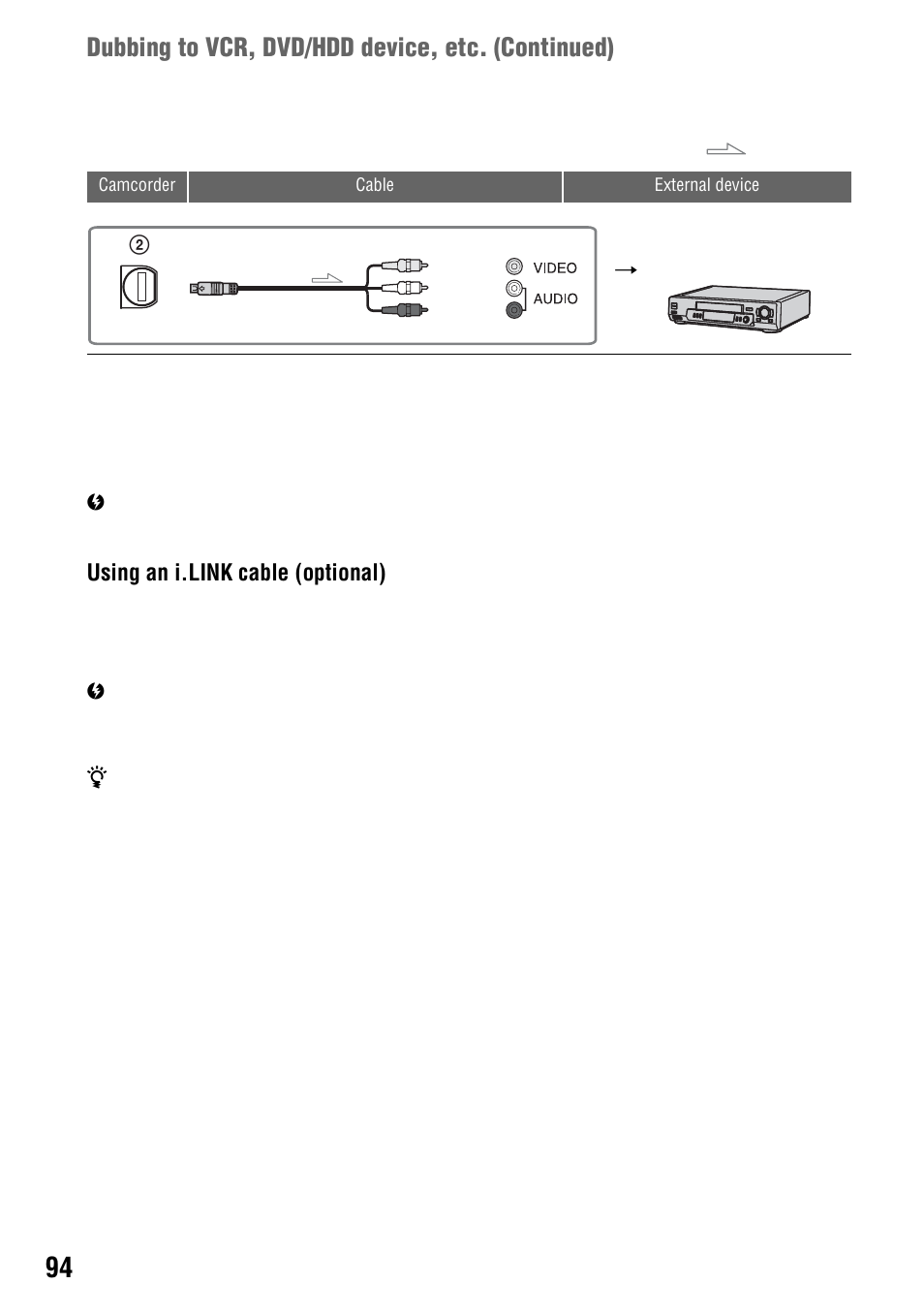 Dubbing to vcr, dvd/hdd device, etc. (continued), Using an i.link cable (optional) | Sony 4-114-858-12(1) User Manual | Page 94 / 143