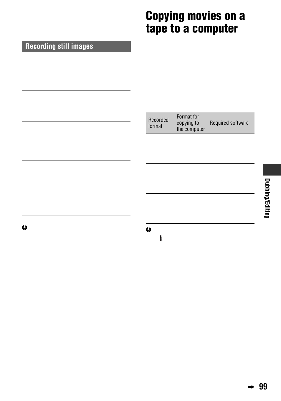Copying movies on a tape to a computer, Recording still images | Sony 4-114-858-12(1) User Manual | Page 99 / 143