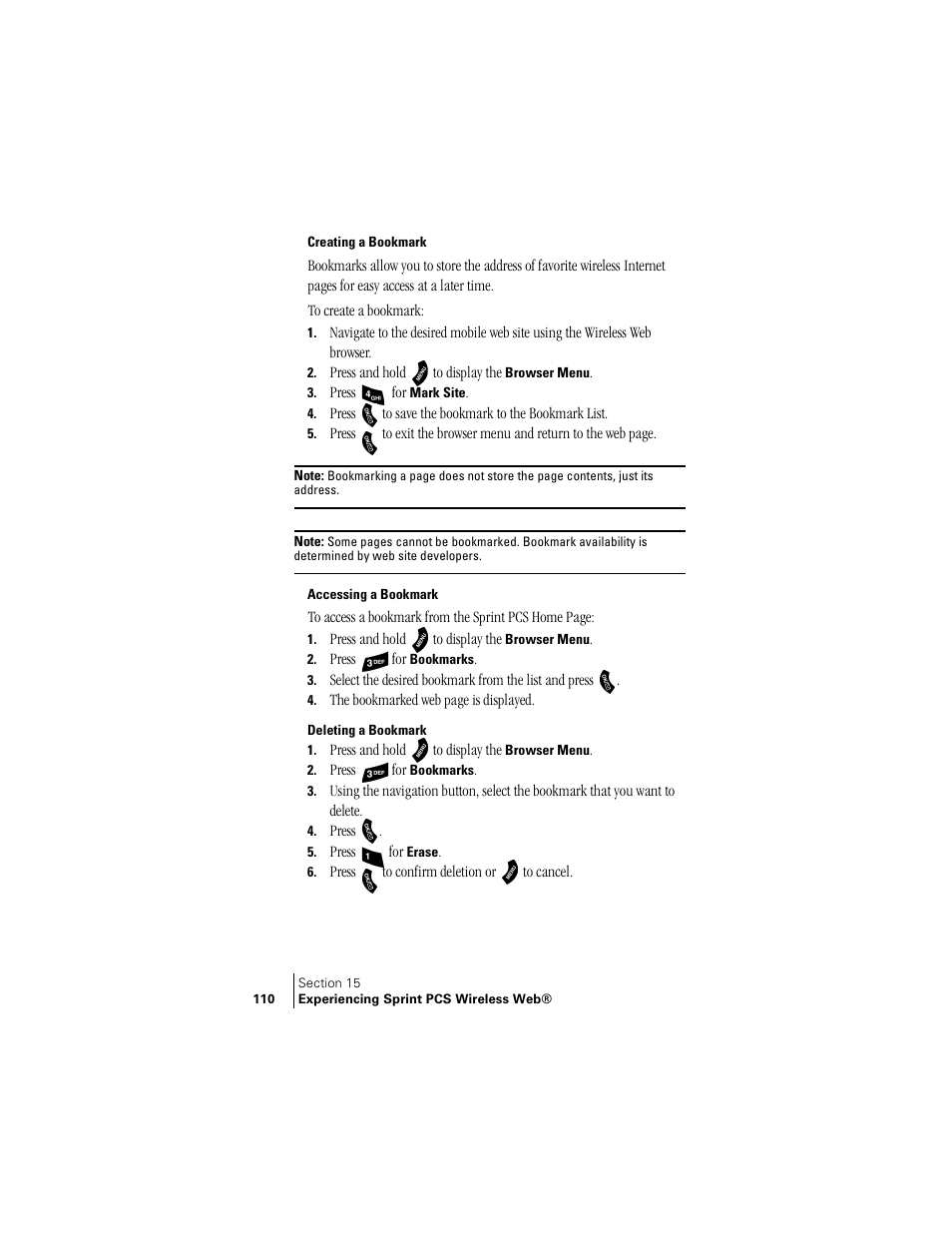 Creating a bookmark, Accessing a bookmark, Deleting a bookmark | Samsung SPH-A460 User Manual | Page 110 / 159