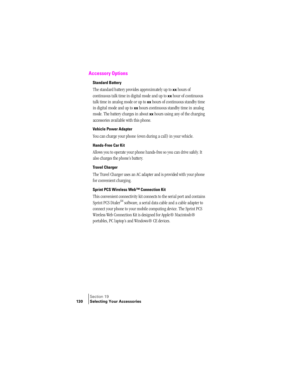 Accessory options, Standard battery, Vehicle power adapter | Hands-free car kit, Travel charger, Sprint pcs wireless web™ connection kit | Samsung SPH-A460 User Manual | Page 130 / 159