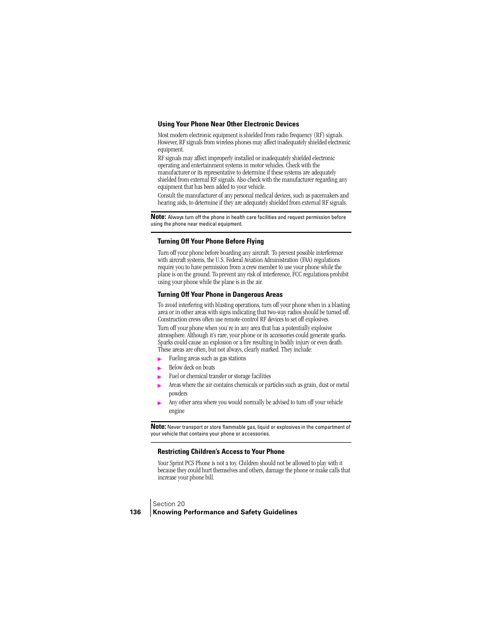 Turning off your phone before flying, Turning off your phone in dangerous areas, Restricting children’s access to your phone | Samsung SPH-A460 User Manual | Page 136 / 159