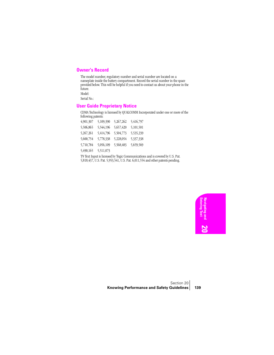 Owner's record, User guide proprietary notice | Samsung SPH-A460 User Manual | Page 139 / 159