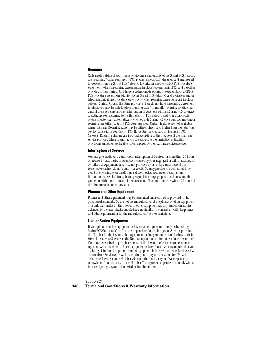 Roaming, Interruption of service, Phones and other equipment | Lost or stolen equipment | Samsung SPH-A460 User Manual | Page 148 / 159