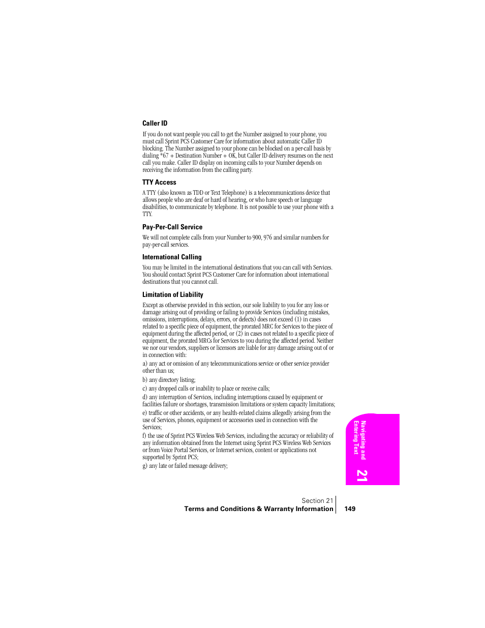 Caller id, Tty access, Pay-per-call service | International calling, Limitation of liability | Samsung SPH-A460 User Manual | Page 149 / 159