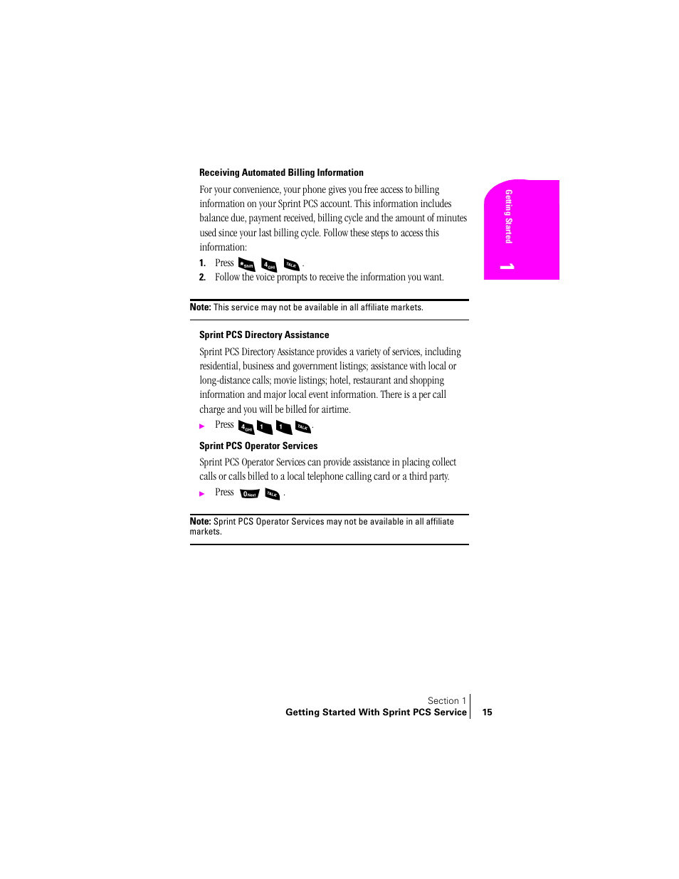 Receiving automated billing information, Sprint pcs directory assistance, Sprint pcs operator services | Samsung SPH-A460 User Manual | Page 15 / 159