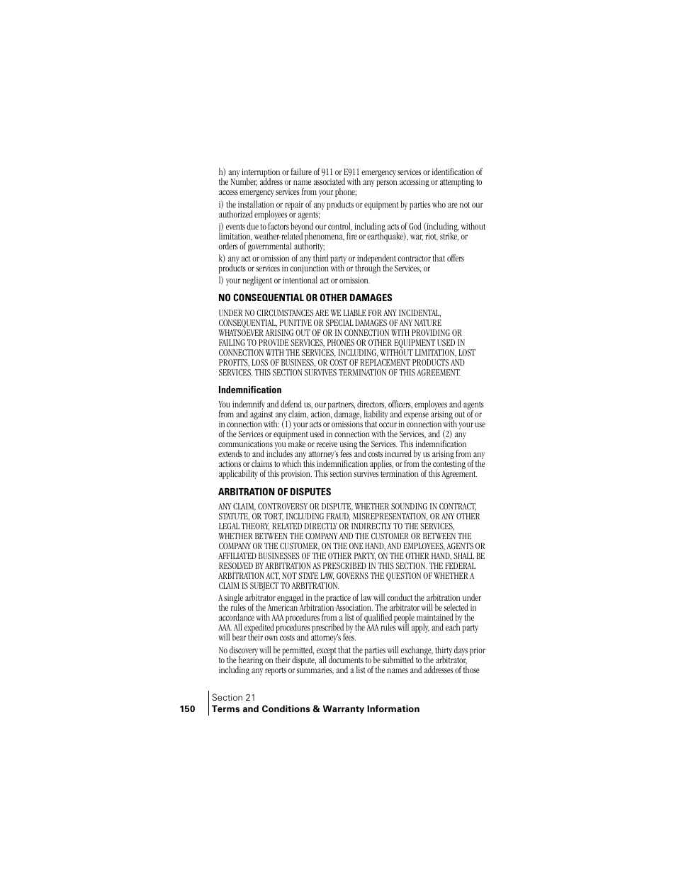 No consequential or other damages, Indemnification, Arbitration of disputes | Samsung SPH-A460 User Manual | Page 150 / 159