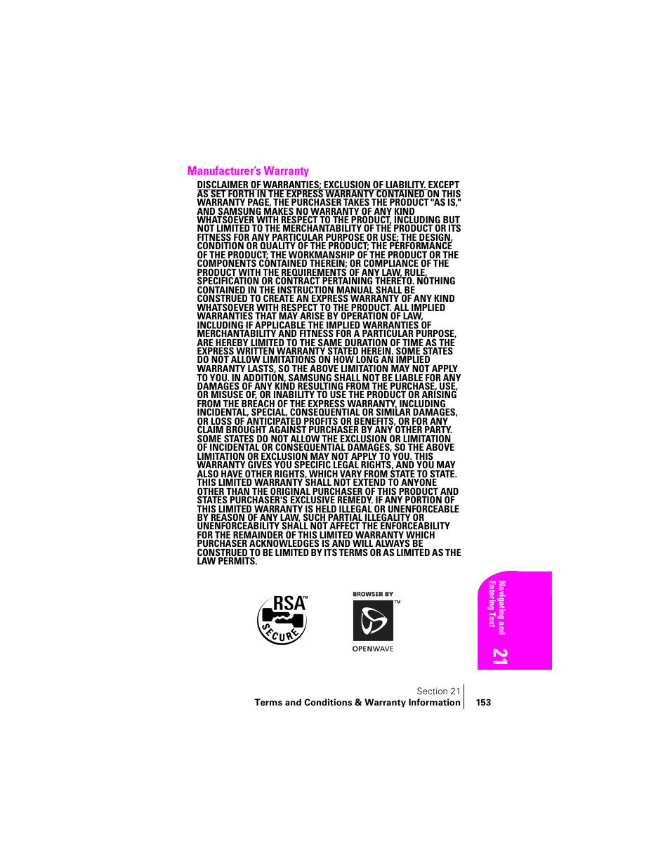 Manufacturer’s warranty | Samsung SPH-A460 User Manual | Page 153 / 159