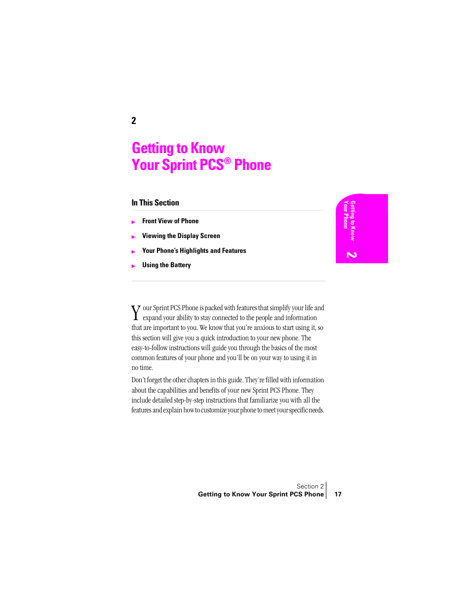 Getting to know your sprint pcs® phone, Getting to know your sprint pcs, Phone | Samsung SPH-A460 User Manual | Page 17 / 159