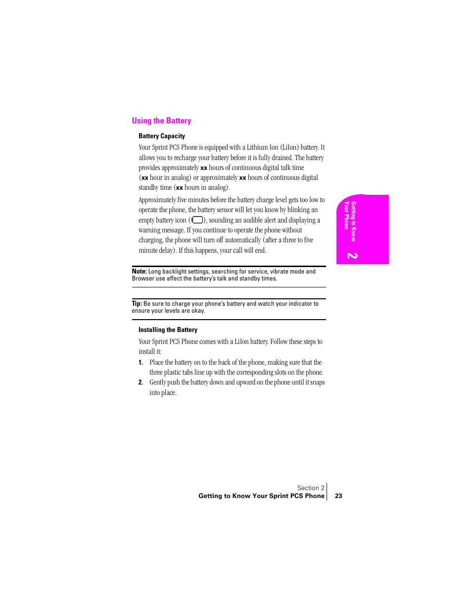 Using the battery, Battery capacity, Installing the battery | Samsung SPH-A460 User Manual | Page 23 / 159