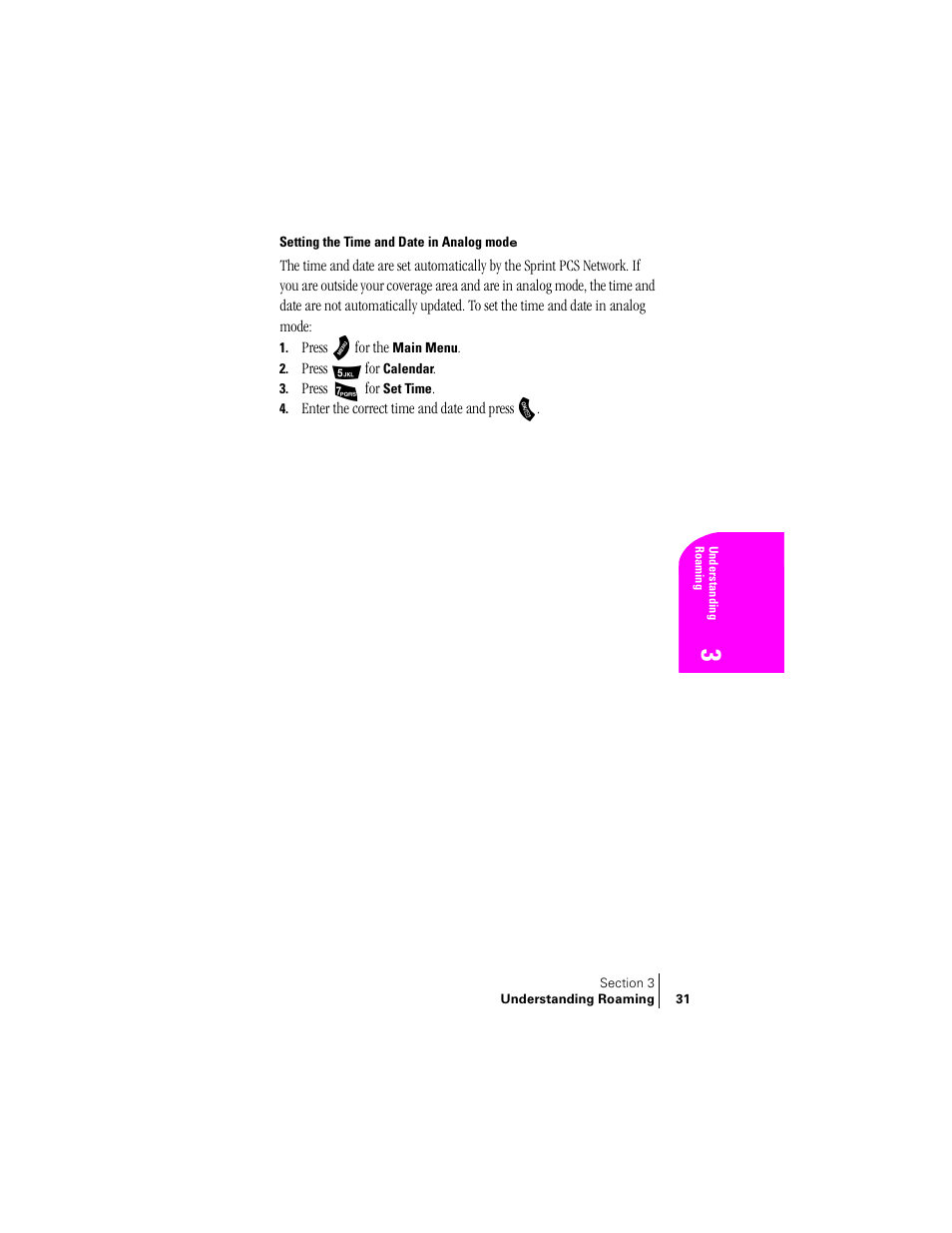 Setting the time and date in analog mode | Samsung SPH-A460 User Manual | Page 31 / 159