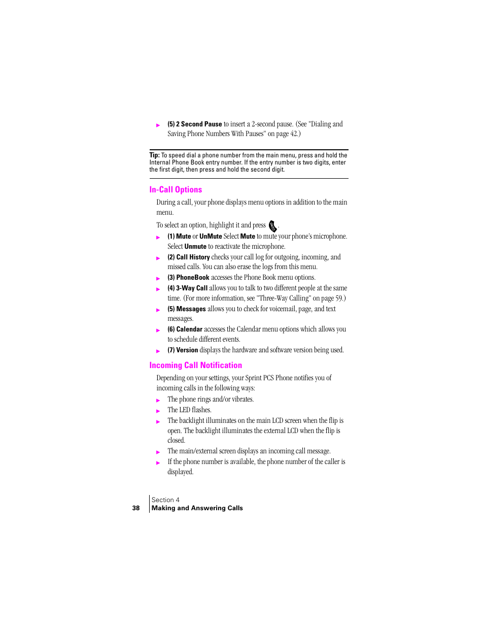 In-call options, Incoming call notification | Samsung SPH-A460 User Manual | Page 38 / 159
