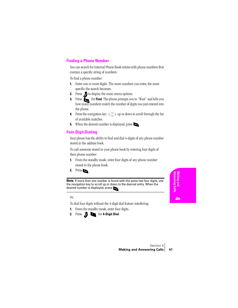 Finding a phone number, Four-digit dialing | Samsung SPH-A460 User Manual | Page 41 / 159