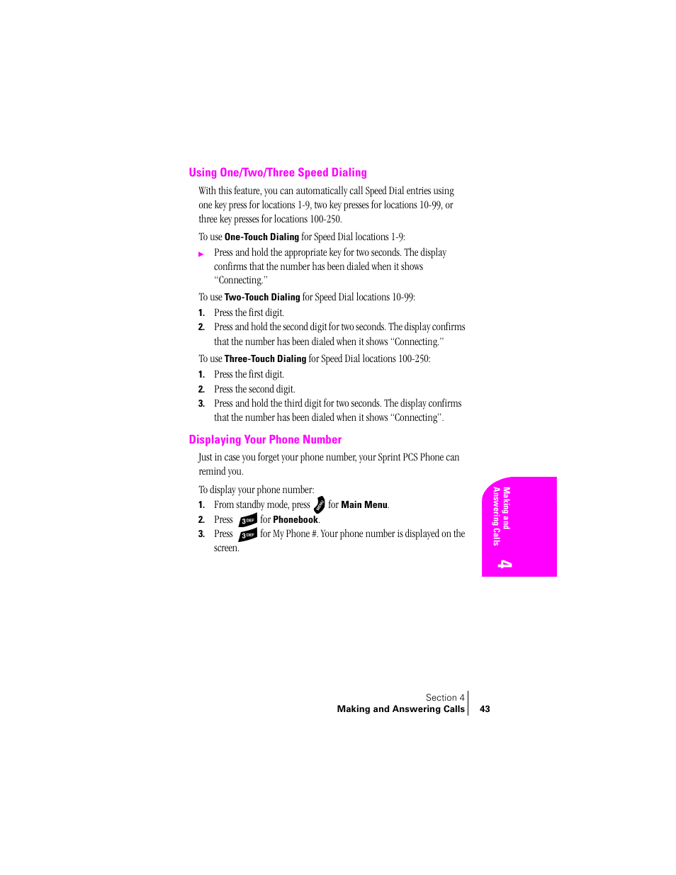 Using one/two/three speed dialing, Displaying your phone number | Samsung SPH-A460 User Manual | Page 43 / 159