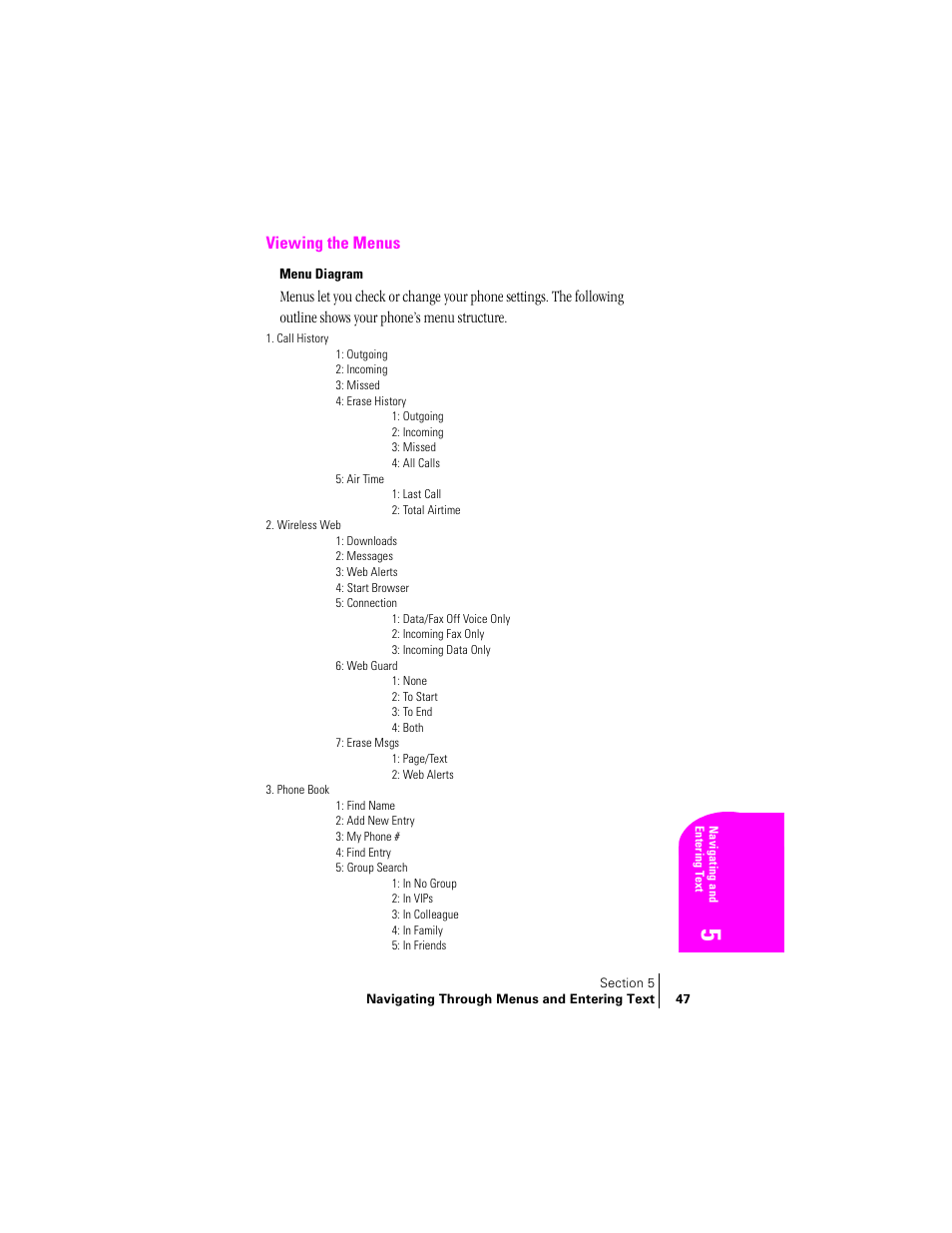 Viewing the menus, Menu diagram | Samsung SPH-A460 User Manual | Page 47 / 159